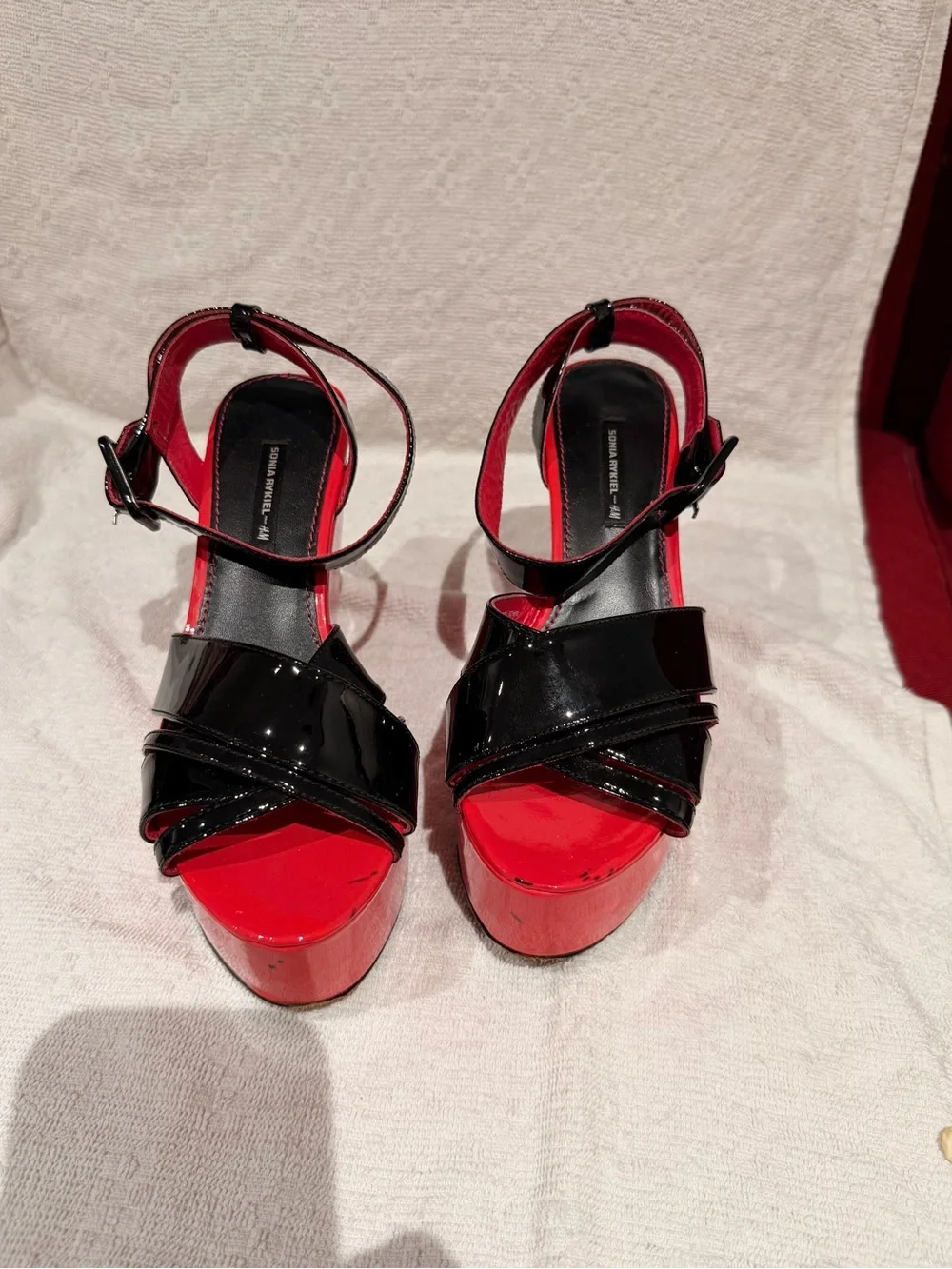 Sonia Rykiel Black Patent Leather Strappy Wedges with Pink Platform